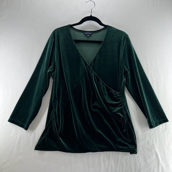 Lands End Velvet Top Womens 10 Long Sleeve Surplice V-Neck Ruched Pullover Green - Picture 1 of 10